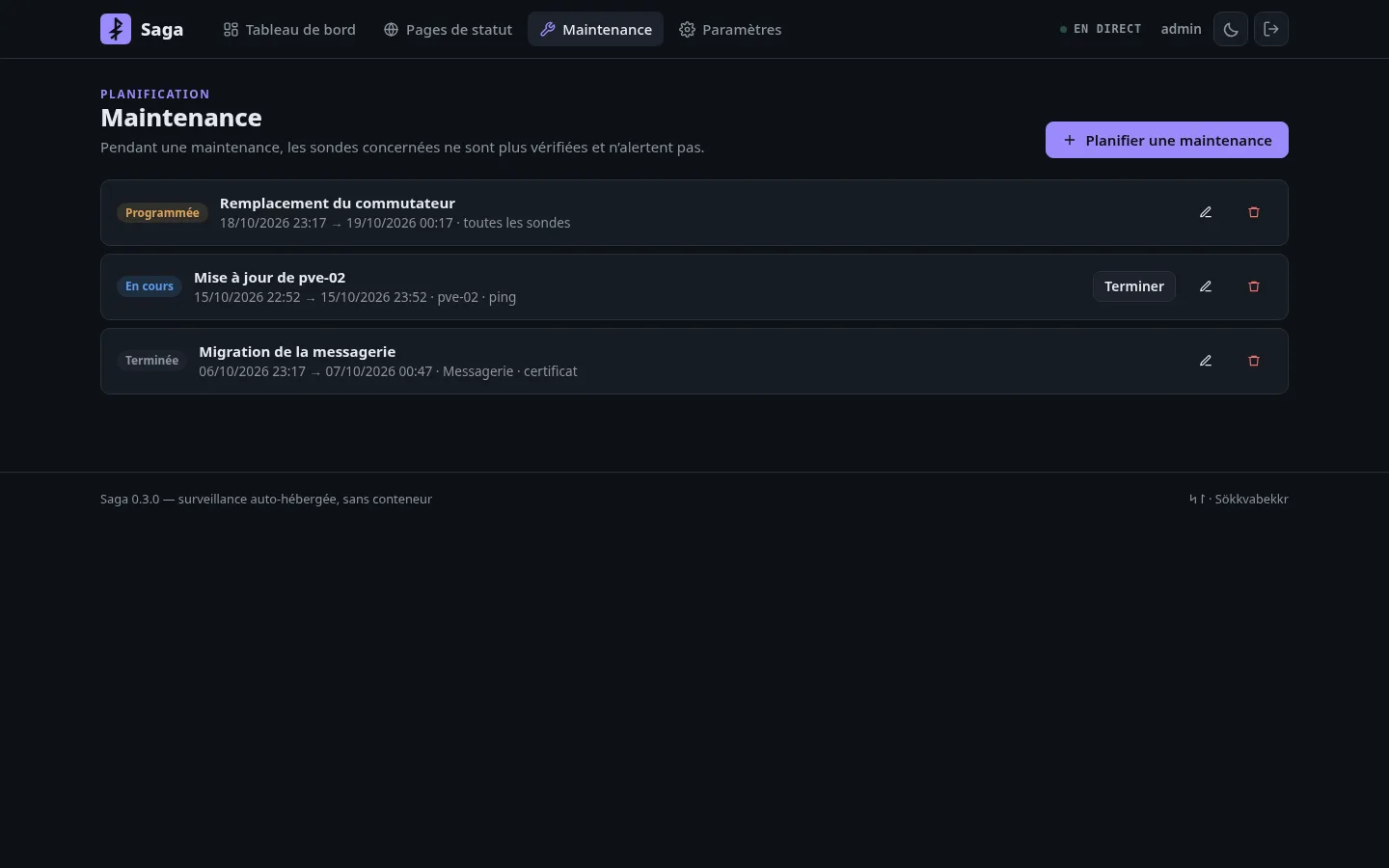 Liste des maintenances planifiées, en cours et terminées