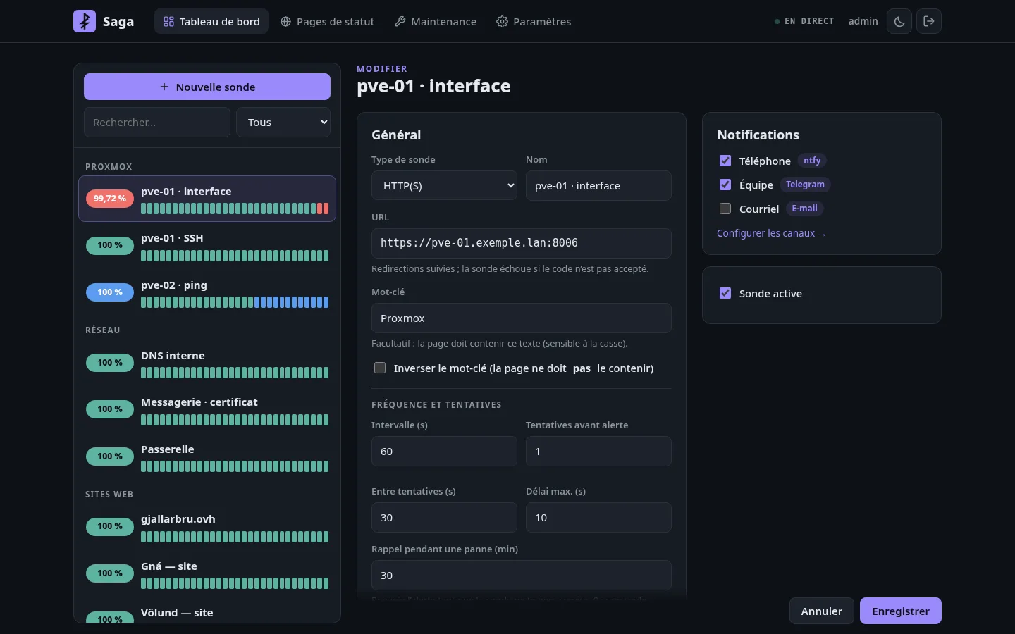 Formulaire de sonde : type, cible, intervalle, tentatives avant alerte, rappel, options avancées et canaux de notification